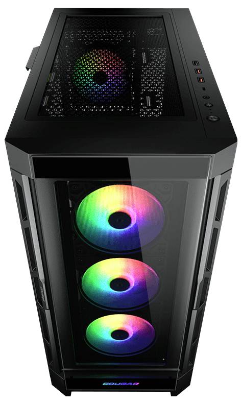 Schwarzes Computergehäuse mit durchsichtiger Vorderseite zeigt drei sichtbare Lüfter, die in verschiedenen Farben leuchten.