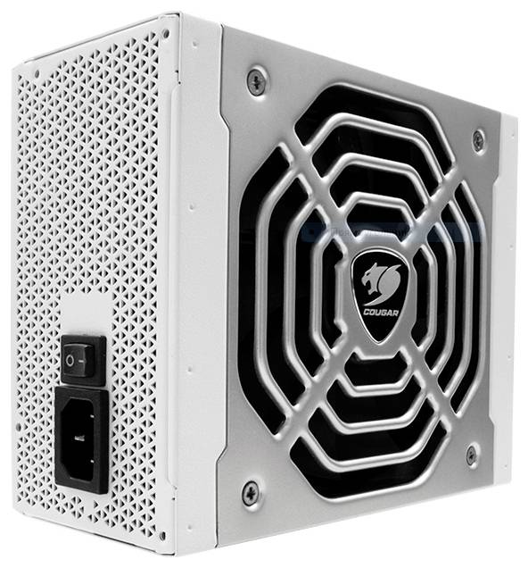 Ein weißes Computer-Netzteil mit einem Lüftergitter und einem Stromanschluss auf der Rückseite.