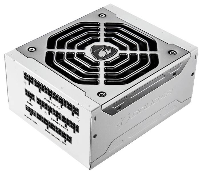 Ein silbernes PC-Netzteil mit einem Lüftergitter oben und mehreren Anschlussmöglichkeiten an der Seite.