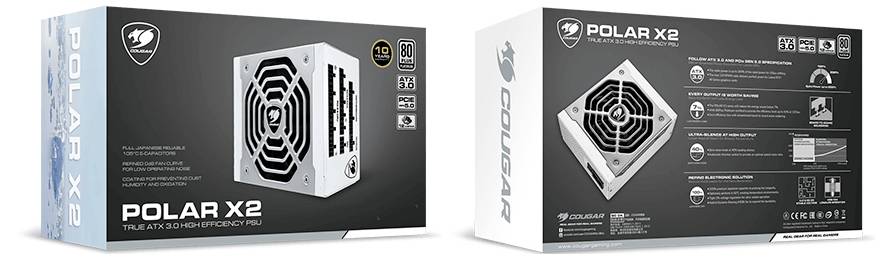 Verpackung einer 'Polar X2' PC-Netzteil-Einheit. Vorderseite zeigt das Produktbild, Rückseite hebt Merkmale und technische Spezifikationen hervor.