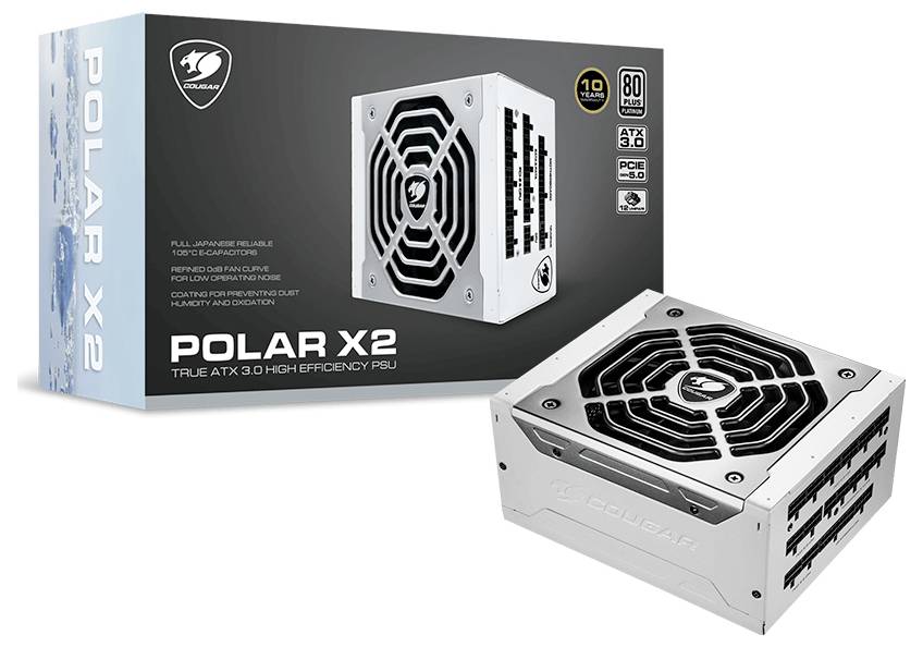 'POLAR X2' Netzteil von Cougar, weißes Gehäuse, ATX 3.0, 80 PLUS Platinum, 10 Jahre Garantie, zeigt auf Verpackung und Gerät.