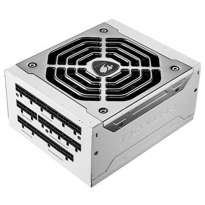 Ein silbernes PC-Netzteil mit Lüftungsgitter und mehreren Anschlüssen. Hauptmerkmal ist das Logo in der Mitte des Lüfters.