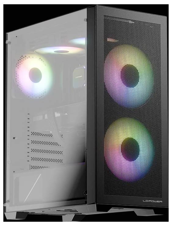 Ein schwarzes LOPLOWER Computergehäuse mit transparentem Seitenpanel, das Innenkomponenten zeigt und drei vorderen RGB-Lüftern in Regenbogenfarben leuchtet.