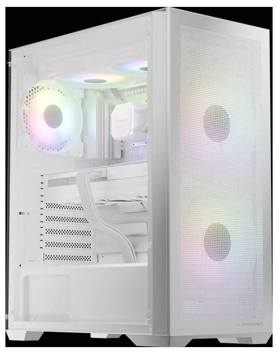 Ein weißes Computer-Tower-Gehäuse mit Regenbogen-LED-Lüftern, die durch ein Gittergehäuse sichtbar sind und Kühlung sowie dekorative Beleuchtung bieten.