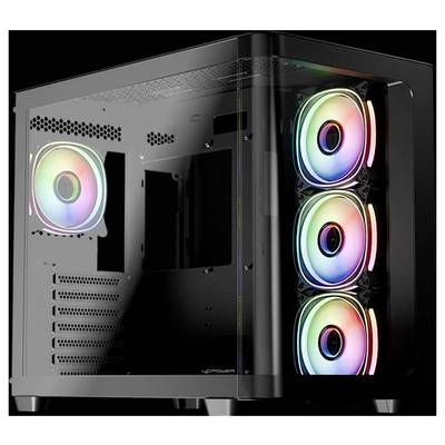 Ein schwarzes Computergehäuse mit einer transparenten Seitenscheibe, die vier RGB-beleuchtete Kühlventilatoren präsentiert.