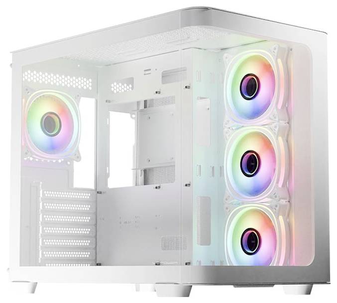 Ein weißes Computergehäuse mit transparenten Seiten zeigt fünf RGB-Lüfter, die bunte Lichter abstrahlen und vertikal und horizontal angeordnet sind.
