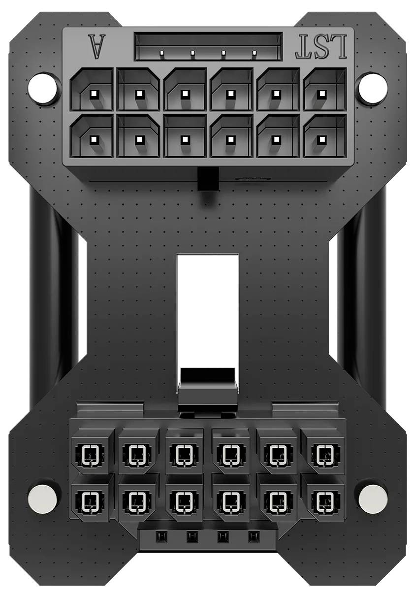 Ein schwarzes technisches Bauteil mit mehreren Steckplätzen und Anschlüssen, wahrscheinlich für elektronische oder computertechnische Anwendungen.