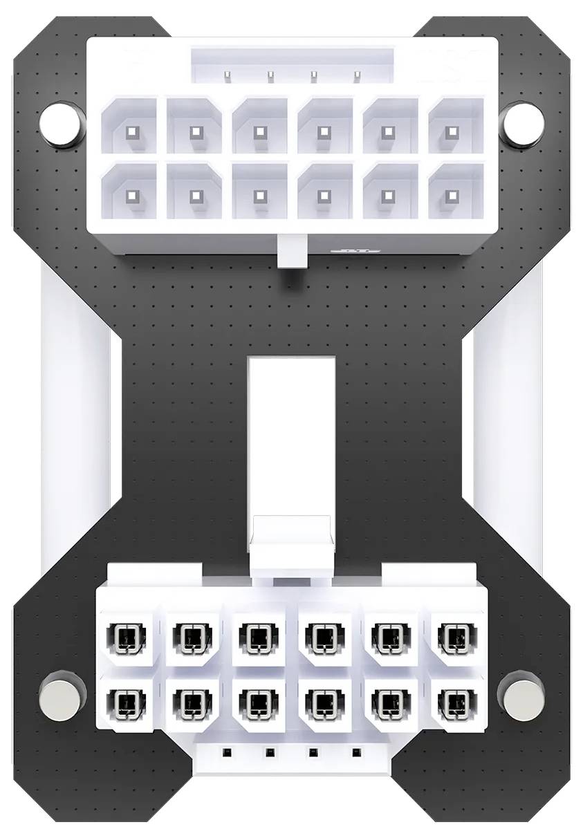 'PCIe 16-Pin-Adapter' auf schwarzem Untergrund. Oben sechs große Steckplätze, unten acht kleinere Anschlüsse.