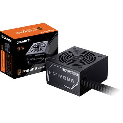 Schwarzes Gigabyte P750B S Netzteil mit Kabeln, daneben die Verpackung mit Produktinformationen. Geeignet für PC-Bau und Stromversorgung.