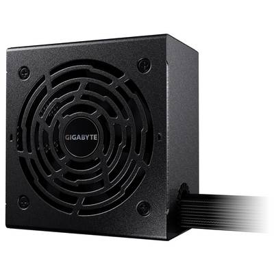 Schwarzes Netzteil mit Lüftergitter und Kabel, 'GIGABYTE' steht in der Mitte des Lüfters, für Computerkomponenten gedacht.