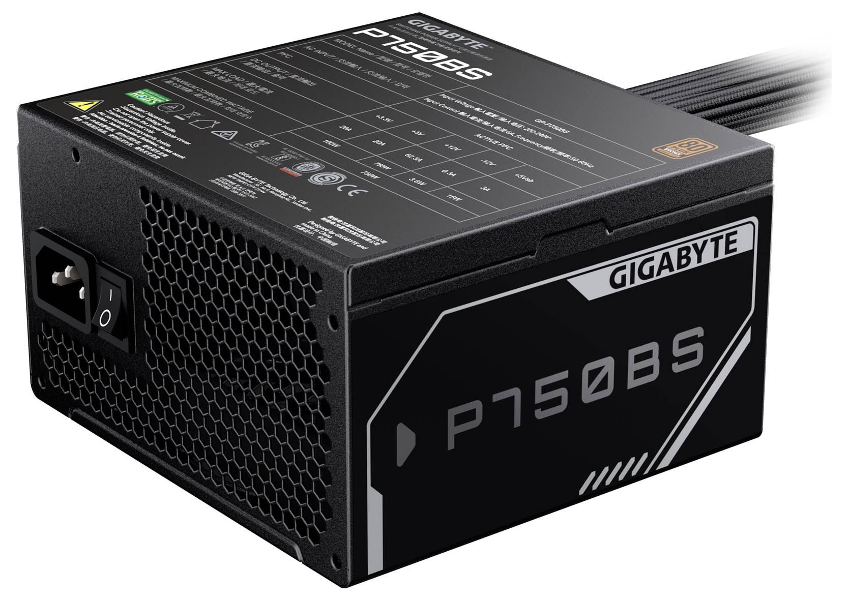 Schwarzes Gigabyte P750B Netzteil mit Kabeln. Zeigt Spezifikationen und Zertifizierungen auf der Oberseite. Hauptsächlich für Computer.