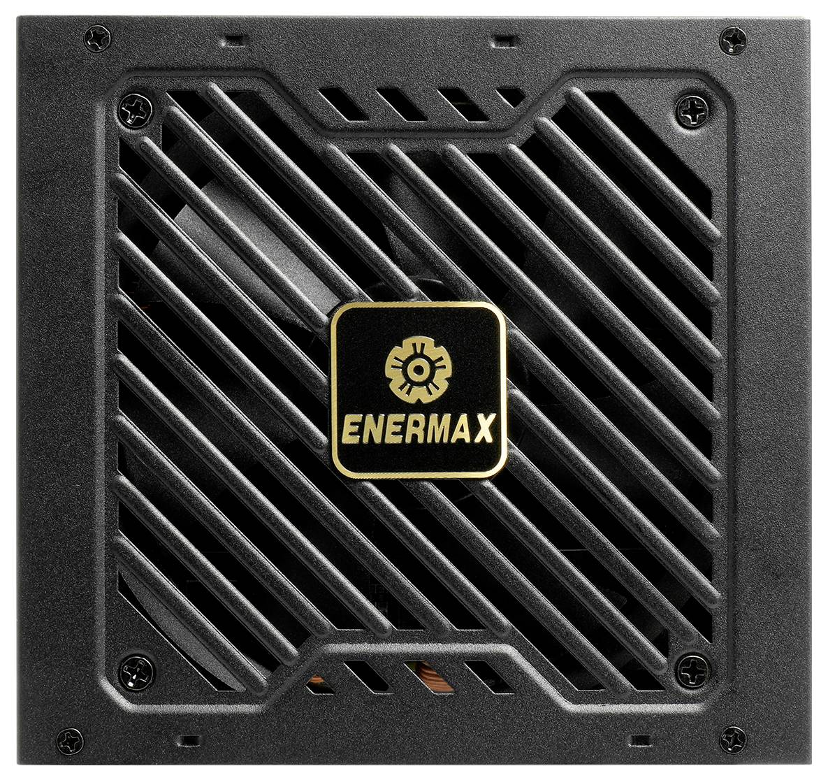 Ein schwarzes Enermax Netzteil mit einem goldenen Logo in der Mitte, das ein belüftetes Gitterdesign für die Luftzirkulation aufweist.