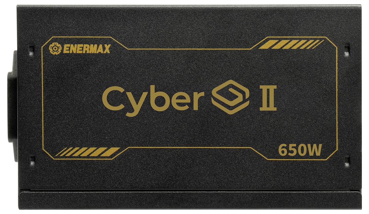 Rechteckiges schwarzes und goldenes Netzteil mit der Aufschrift "Enermax Cyber II 650W".