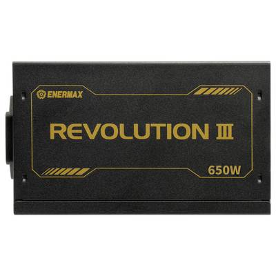 'ENERMAX Revolution III 650W' Netzteil, schwarz mit gelber Schrift, betont Marke und Spezifikationen.