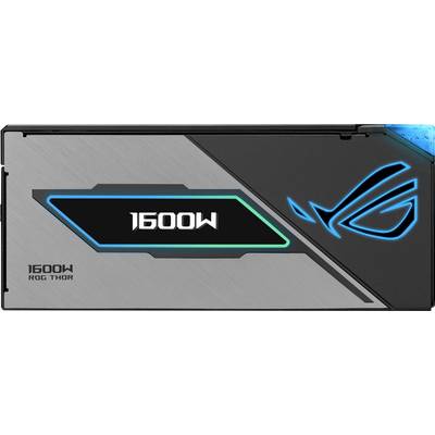 Netzteil-Design mit der Aufschrift '1600W', beleuchtet in Blau und Grün. ROG Logo leuchtet rechts, matte Silber- und Schwarztöne.