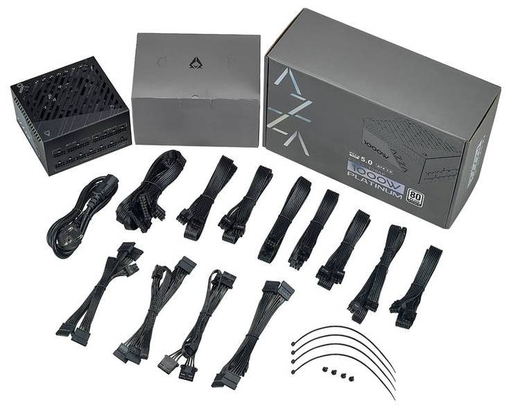 Netzteil mit Kabeln und Zubehör für Computerbau. Enthält Hauptgerät, mehrere Kabel und Verpackung.