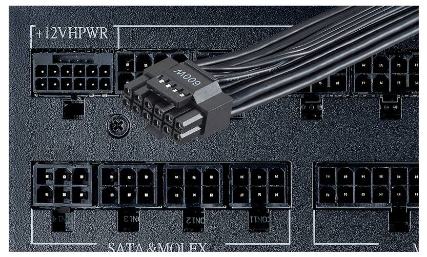Netzteilanschlüsse mit verschiedenen Steckern und Kabeln, darunter ein Stromkabel mit '600W'-Aufschrift, das in einen HPWR-Steckplatz passt.