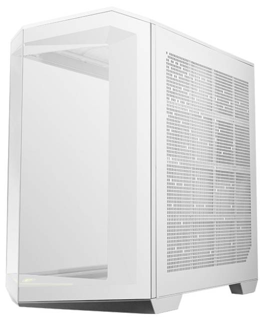 Ein weißes Computergehäuse mit transparentem Seitenteil. Das Gehäuse hat eine moderne, kantige Gestaltung und Belüftungsöffnungen.