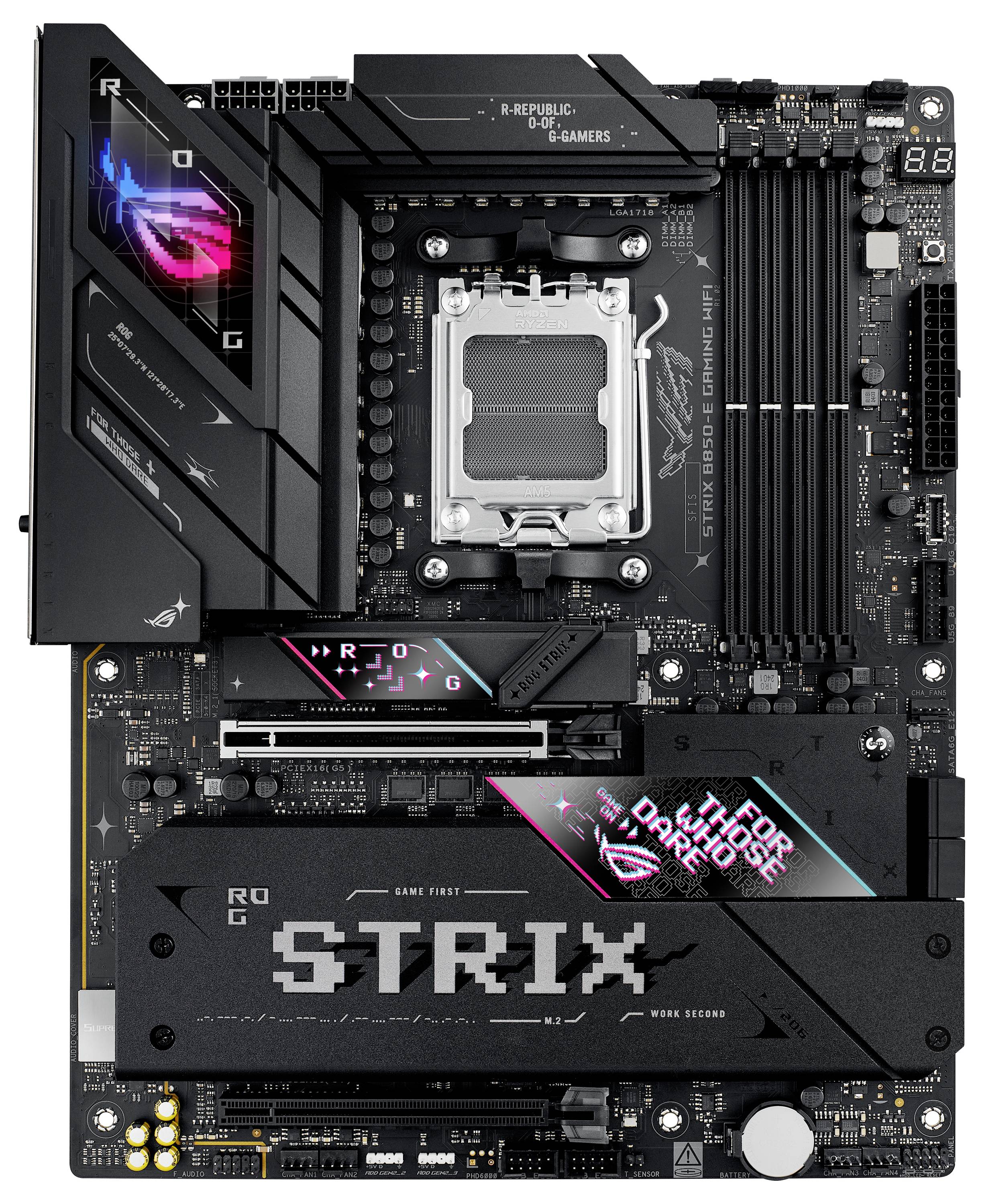 Ein Motherboard im ATX-Format mit schwarzem Design, RGB-Beleuchtung und mehreren PCIe- und RAM-Slots. Geeignet für Gaming-PCs.