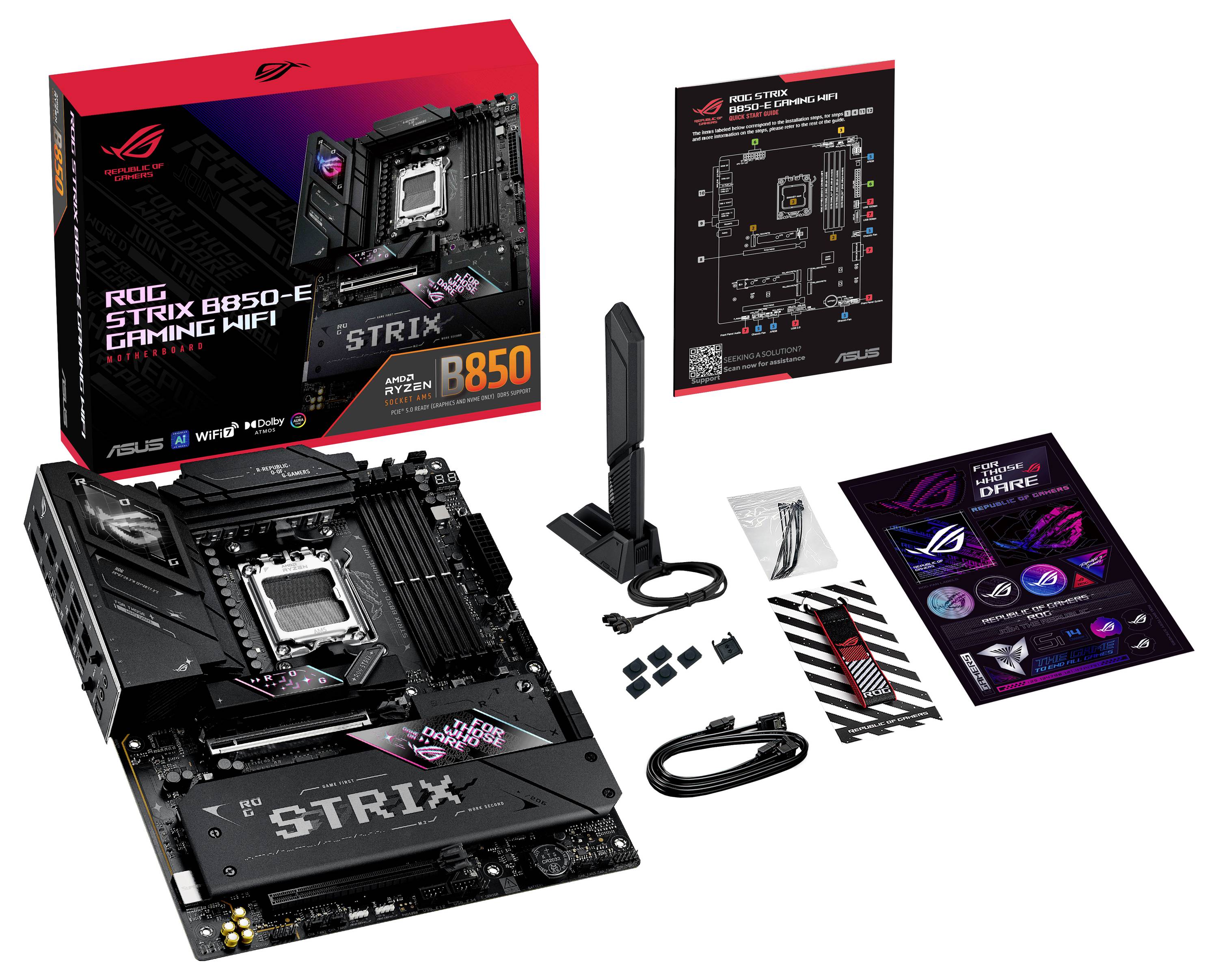 'ASUS ROG Strix B850-E Gaming WiFi Motherboard' mit Zubehör wie Antenne, Kabeln und Anleitungen. Verpackung und Hauptplatine im Vordergrund.