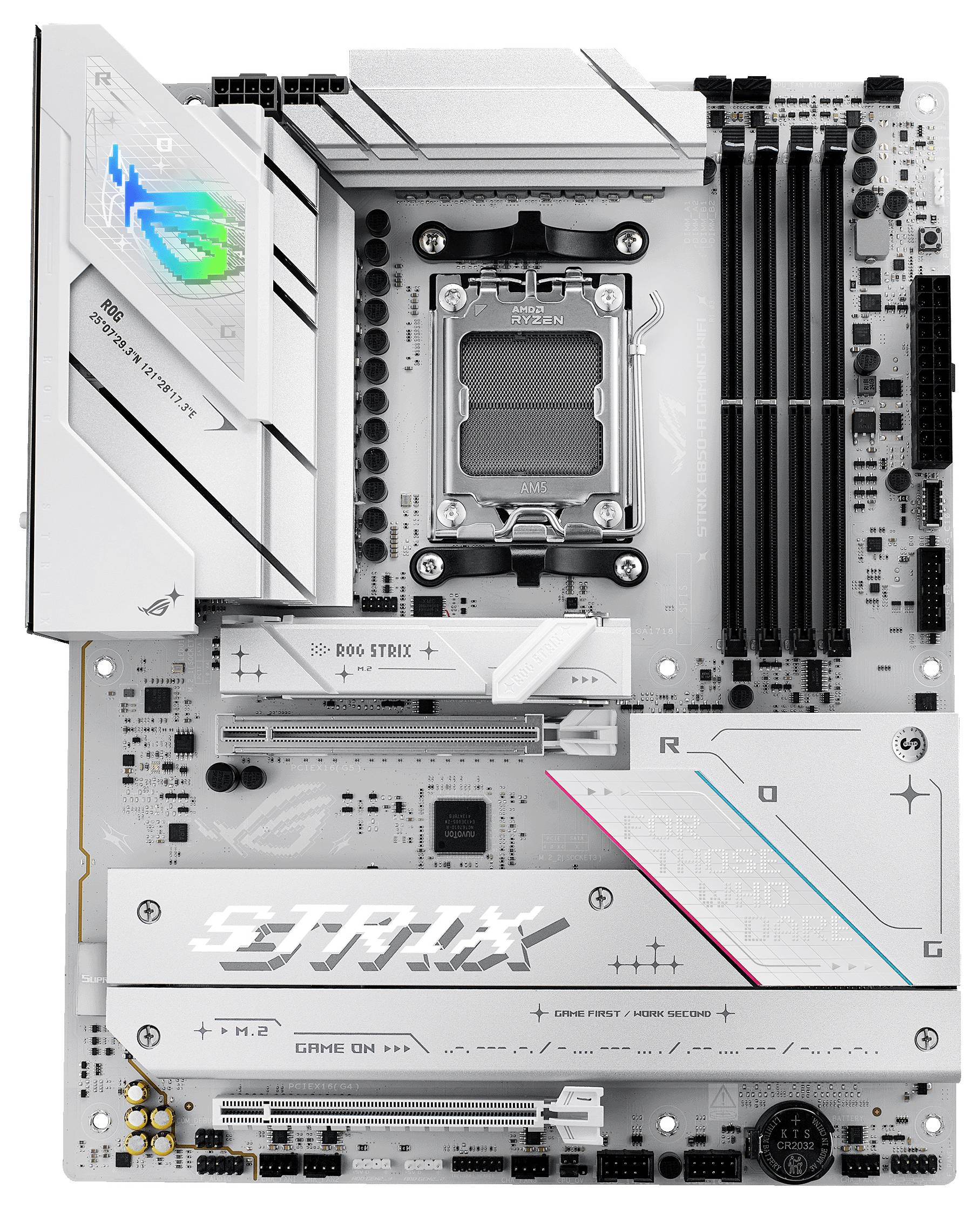 Mainboard in Weiß- und Grautönen mit Kühlkörpern, RAM-Steckplätzen, CPU-Sockel und Erweiterungssteckplätzen.