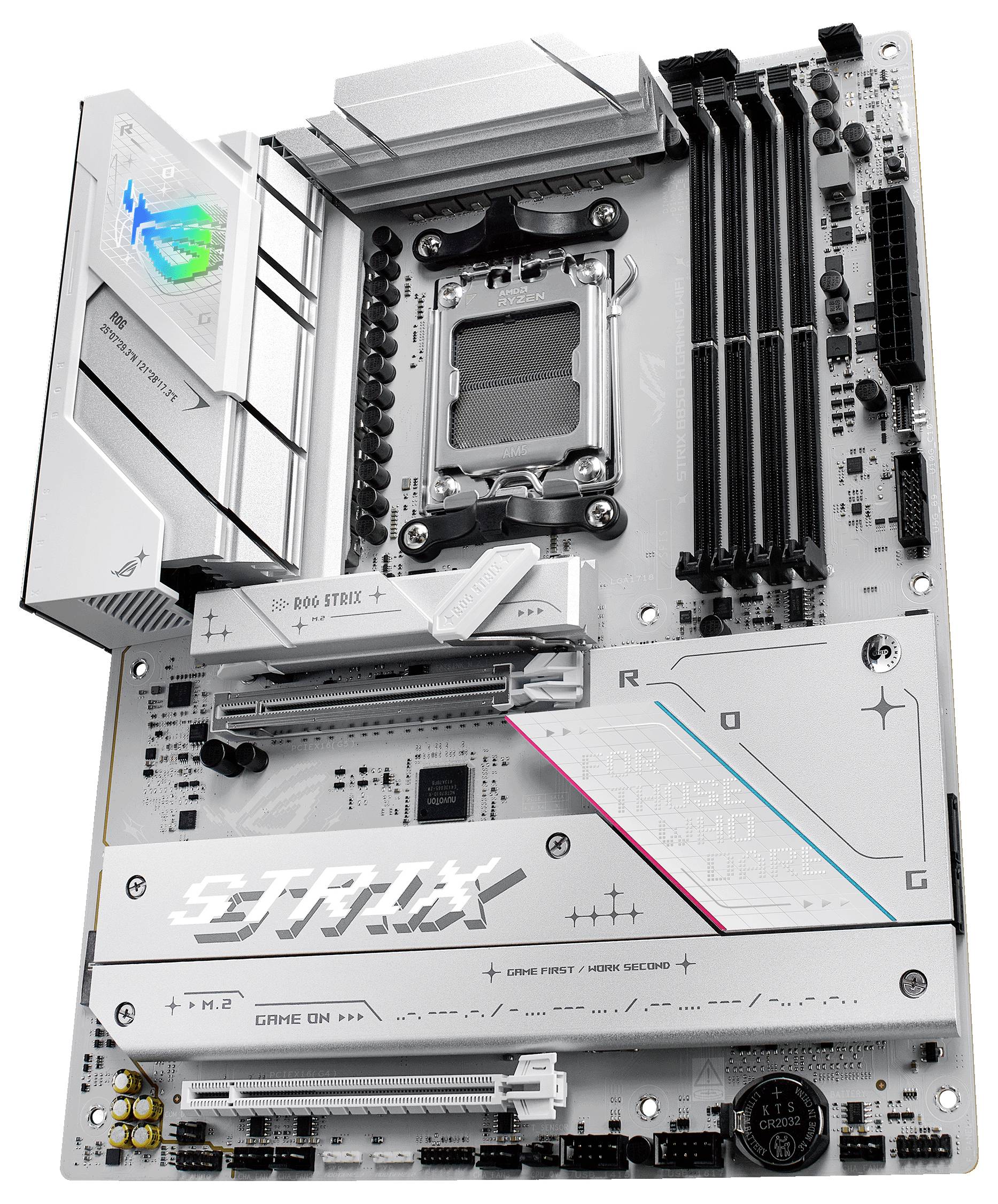 Ein weißes PC-Motherboard mit mehreren PCIe-Steckplätzen, RAM-Steckplätzen und Kühlkörpern. Markenlogo und "STRIX" sind sichtbar.