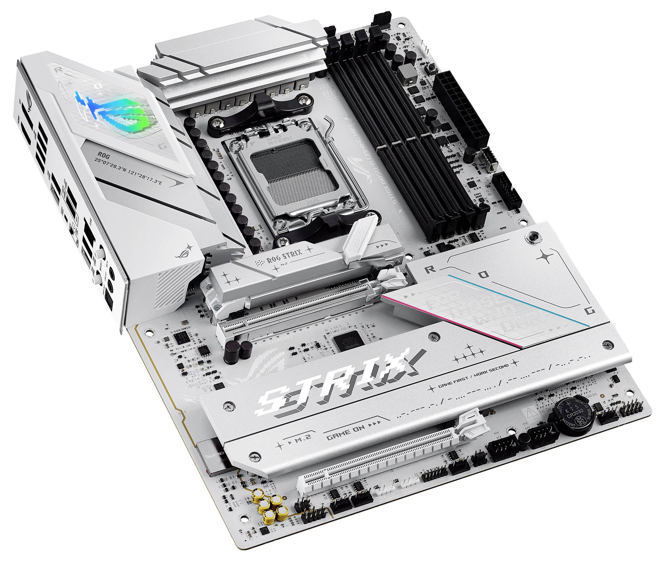 Mainboard in Weiß und Silber zur PC-Komponentenplanung mit markanten Logos und diversen Anschlüssen, z.B. für RAM und CPU.