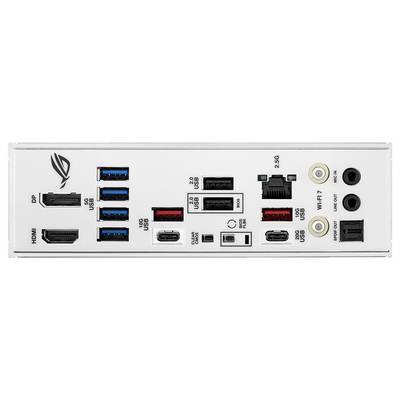 Rückseite eines Computer-Motherboards mit diversen Anschlüssen: HDMI, DisplayPort, mehrere USB-Anschlüsse, Ethernet, Audioein-und -ausgänge.
