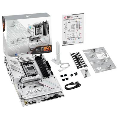 Motherboard-Set mit ROG Strix B850 Platine, Antenne, Kabeln, Anleitung und Aufklebern. Verpackung illustriert Funktionen und Spezifikationen.