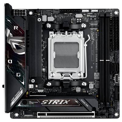 Eine schwarze ASUS-Mainboard-Platine mit leuchtendem ROG-Logo, Prozessorsockel in der Mitte und mehreren Anschlüssen und Steckplätzen.