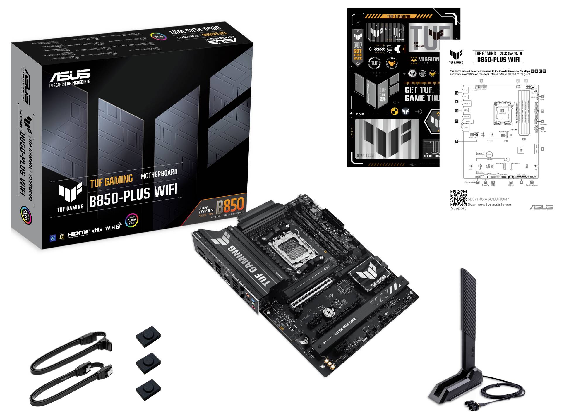 Verpackung und Inhalt eines ASUS TUF Gaming B650-Plus WIFI Motherboards, inklusive Antenne, Kabeln und Bedienungsanleitung.