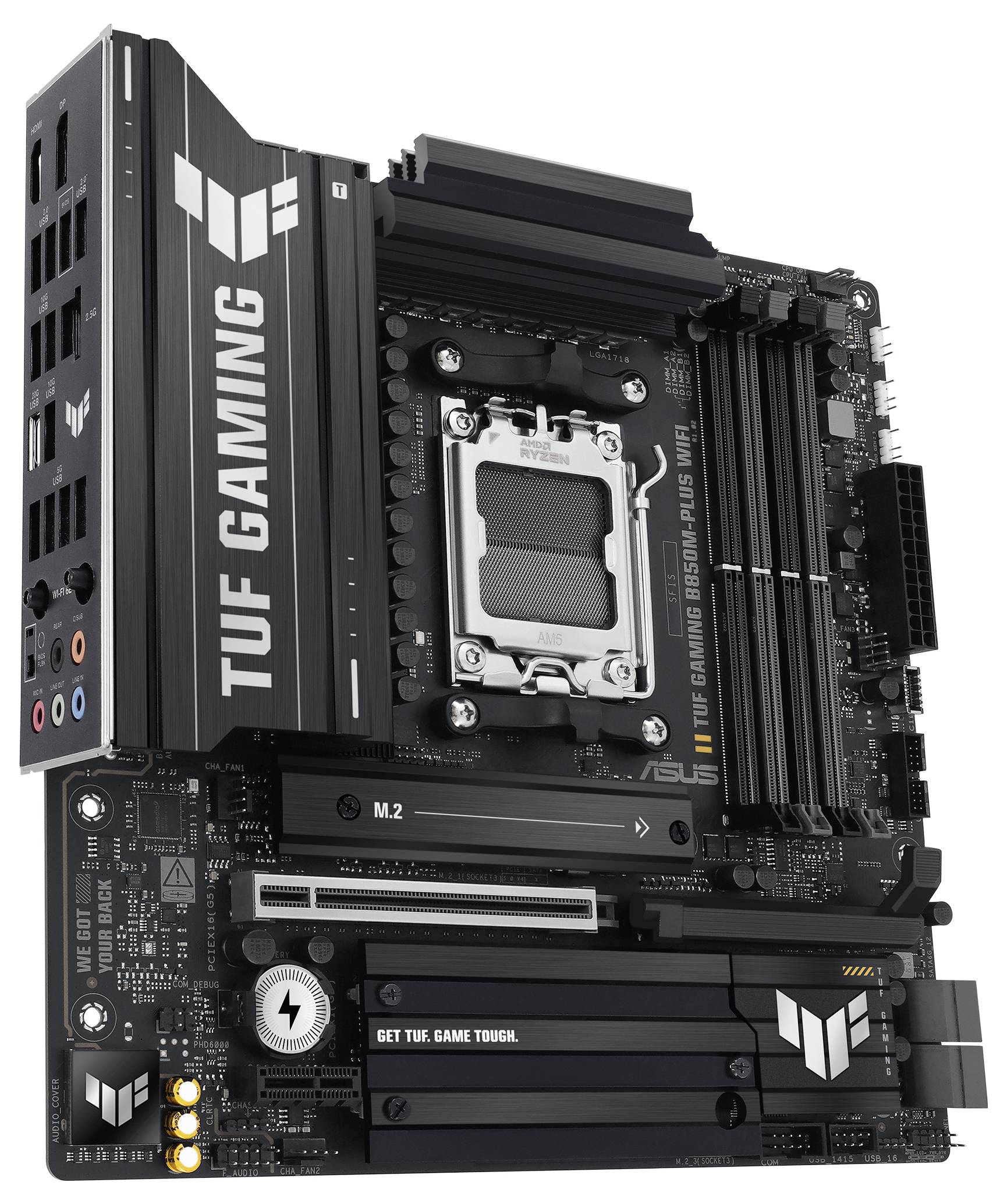 Schwarzes Computer-Mainboard mit 'TUF GAMING'-Aufschrift, mehreren RAM-Steckplätzen und verschiedenen Anschlüssen.