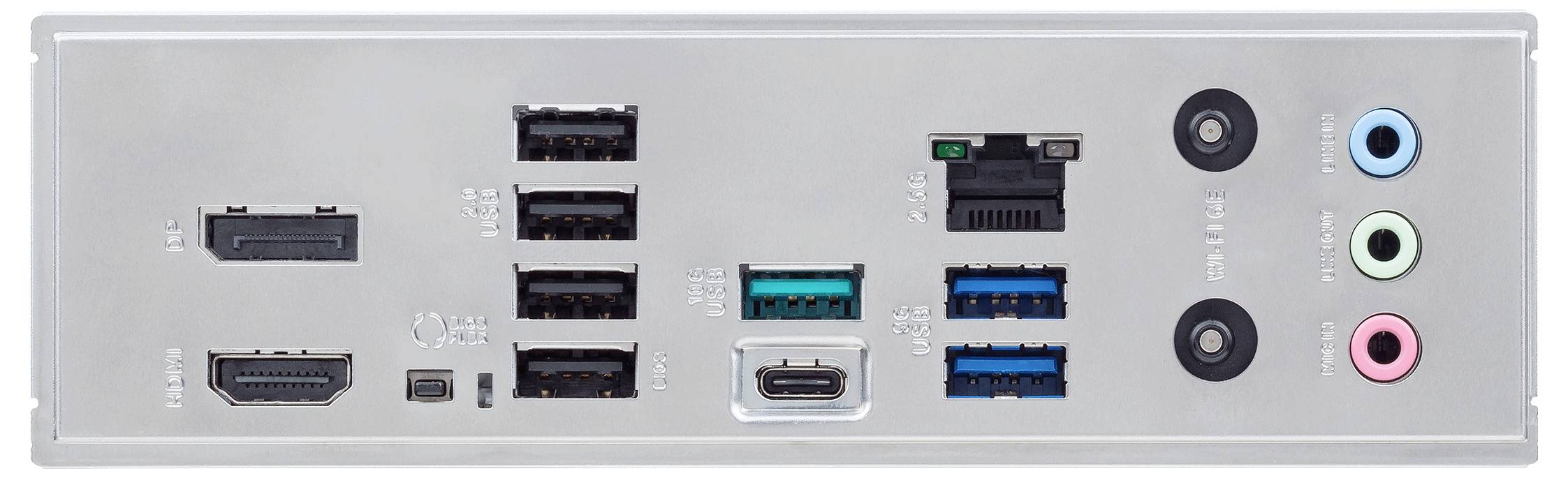 Rückseite eines Computer-Mainboards mit verschiedenen Anschlüssen: HDMI, USB, Ethernet, Audioeingänge und -ausgänge.