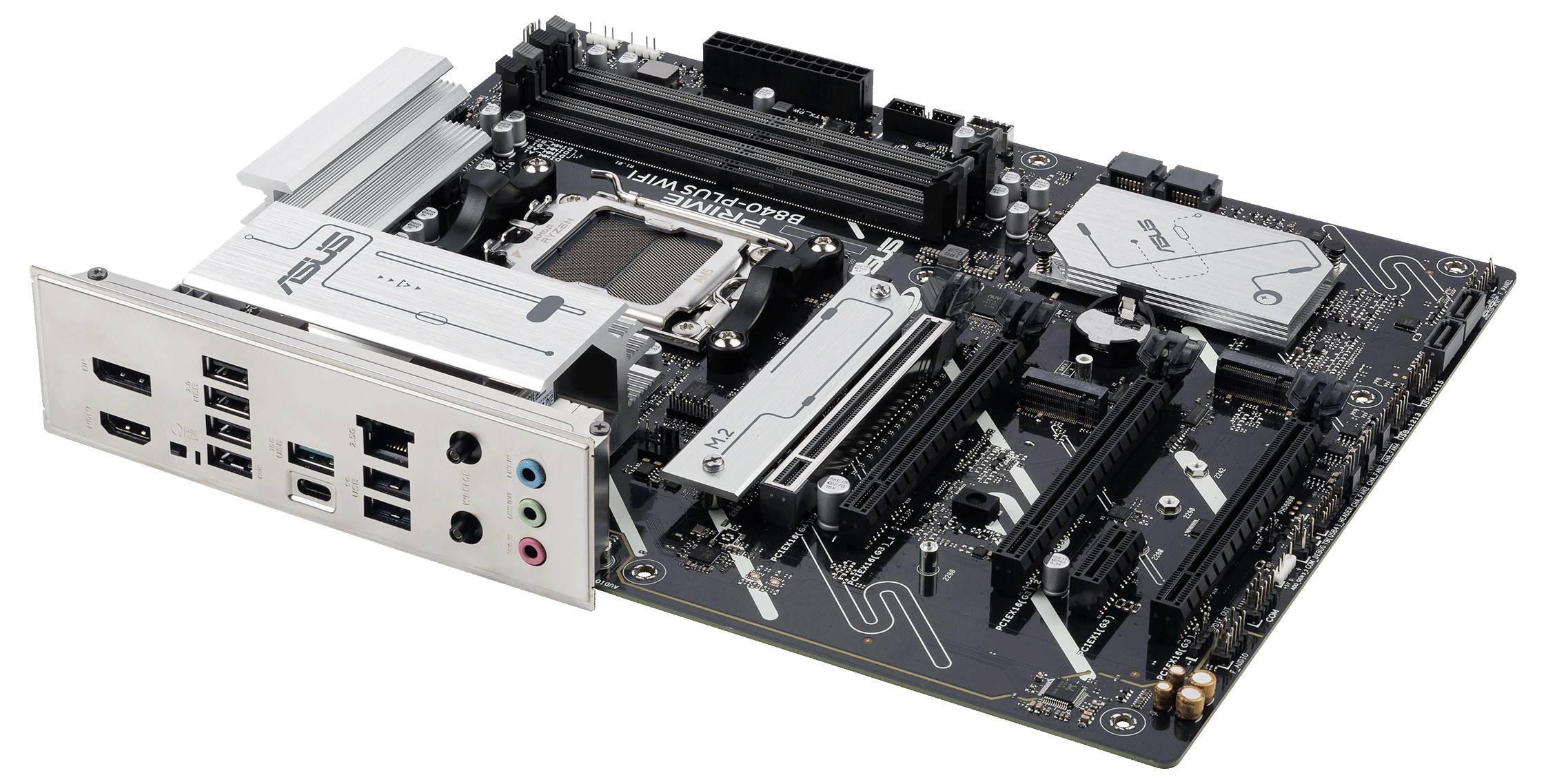 Eine Computer-Motherboard mit mehreren Steckplätzen und Anschlüssen, geeignet für den Einsatz in einem Desktop-PC.