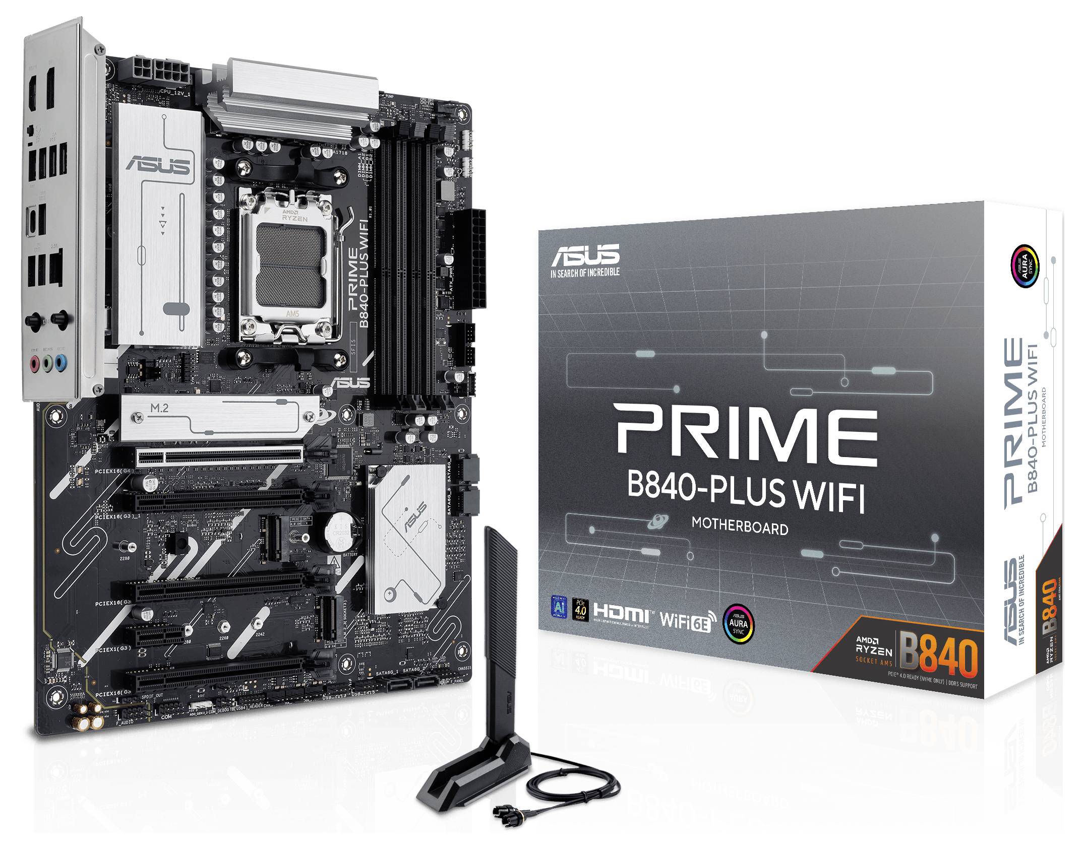 'ASUS PRIME B840-PLUS WIFI Motherboard' zeigt eine Hauptplatine neben ihrer Verpackung, einem Antennenzubehör und einem Verbindungskabel.