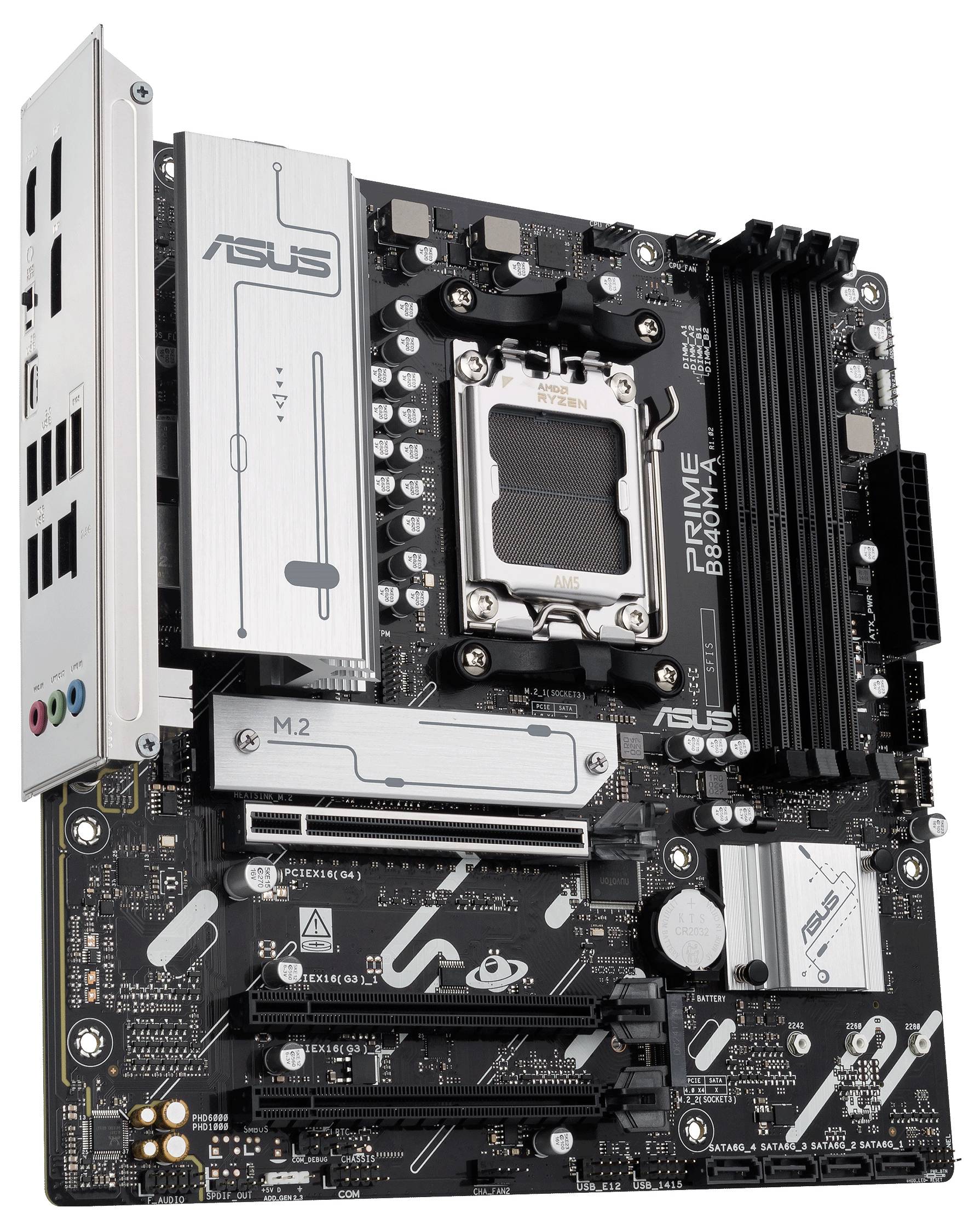 Eine ASUS-Motherboard mit mehreren Anschlussmöglichkeiten, RAM-Steckplätze und einem CPU-Sockel, geeignet für High-Performance-PCs.