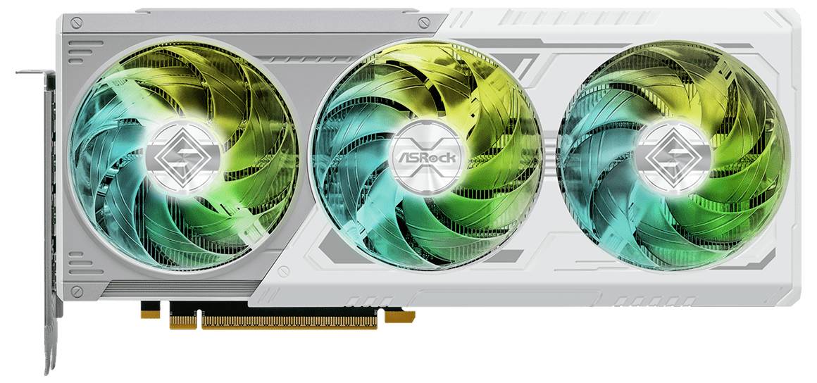 Grafikkarte mit drei Lüftern, die grün und blau beleuchtet sind. Die Marke 'ASRock' ist sichtbar auf der Abdeckung.