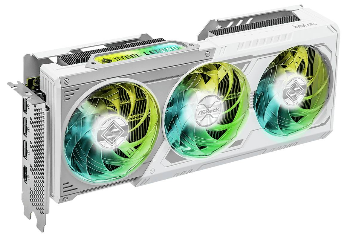 Dreifachlüfter-Grafikkarte in Weiß mit leuchtenden grünen und blauen Akzenten, Markenname sichtbar. Enthält mehrere Anschlussoptionen.