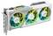 Dreifachlüfter-Grafikkarte in Weiß mit leuchtenden grünen und blauen Akzenten, Markenname sichtbar. Enthält mehrere Anschlussoptionen.