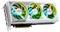 Dreifach-gebläsete Grafikkarte mit silbernem Gehäuse, transparenten rotierenden Lüftern in Grün und Blau, PCIe-Anschluss links.
