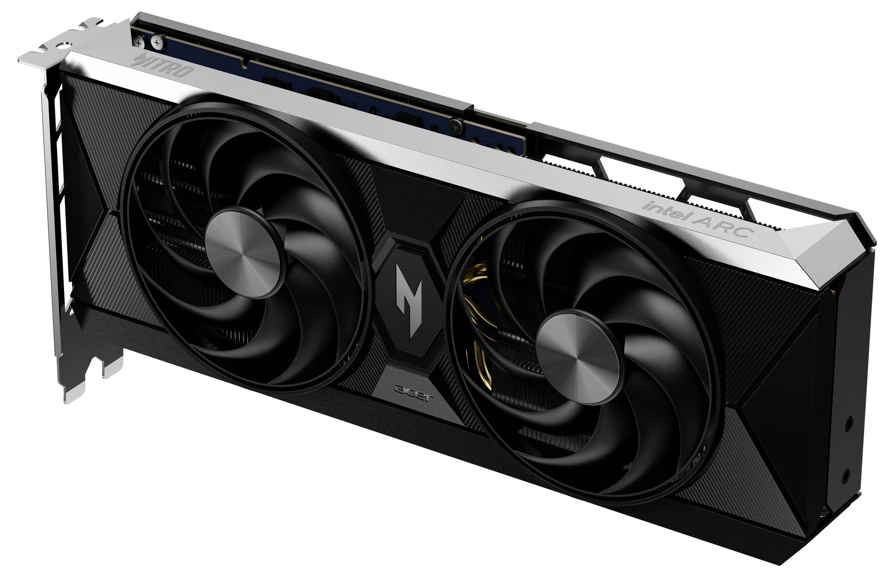 Eine schwarze Grafikkarte mit zwei Lüftern und silbernen Akzenten. Auf der Oberseite steht 'Intel Arc'.