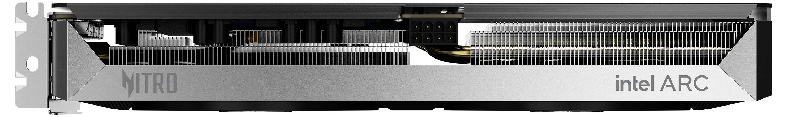 Grafikkarte mit seitlicher Ansicht, zeigt 'NITRO' und 'intel ARC' Beschriftungen. Details der Kühlkörper sind sichtbar.