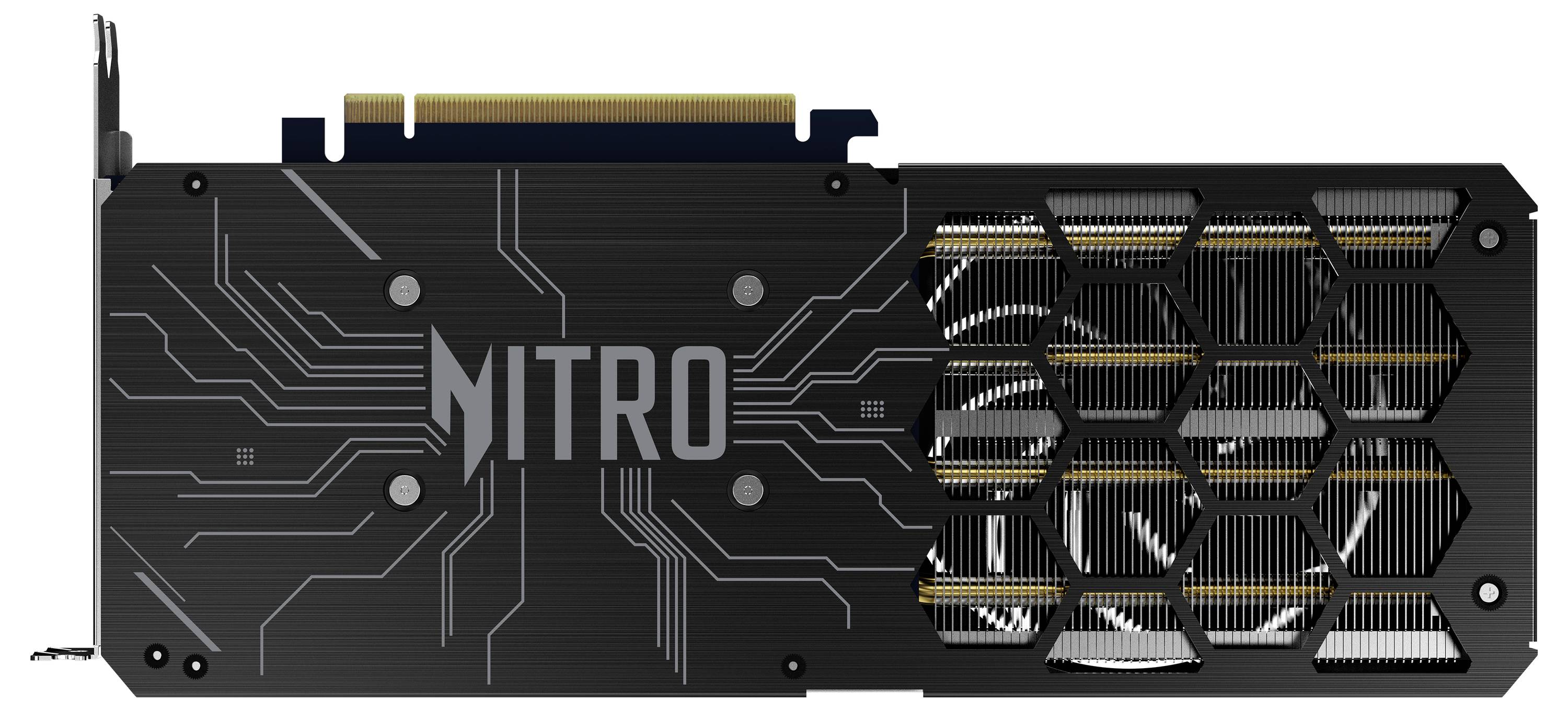 'Grafikkarte von Nitro mit schwarzem Design, elektronischen Schaltkreis-Mustern und sichtbaren Kühlstreben auf der Rückseite.'