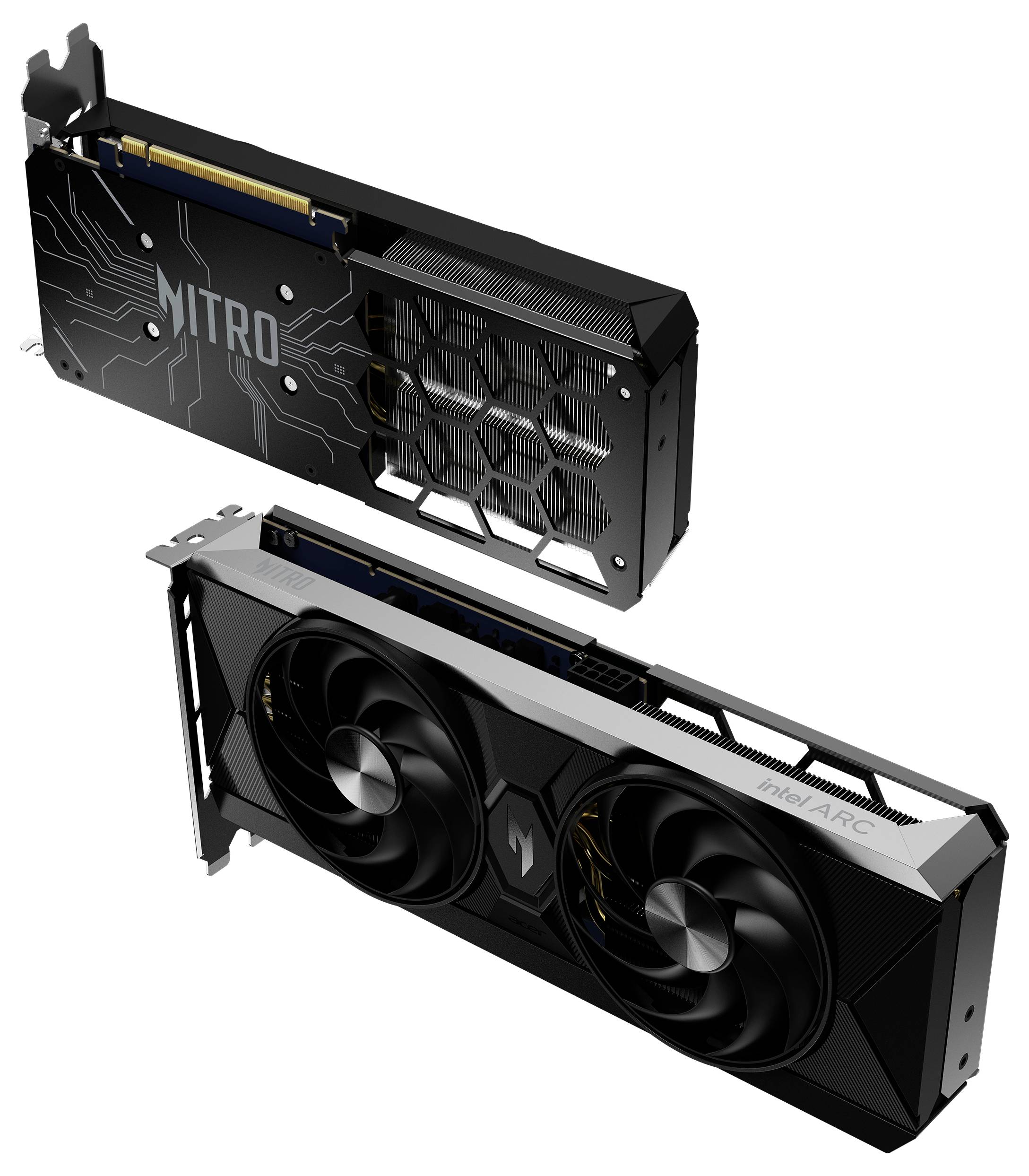'Zwei Grafikkarten in verschiedenen Designs. Oben: Schwarzes Design mit einem Muster und dem Schriftzug Nitro. Unten: Lüfter sichtbar und Beschriftung 'Intel ARC'.'