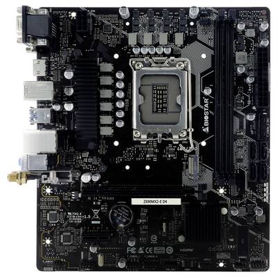 Diese Abbildung zeigt eine Computer-Mainboard-Platine mit verschiedenen Komponenten und Anschlüssen, markiert mit 'BIOSTAR'.