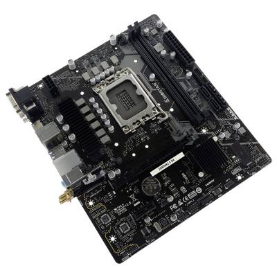 Eine schwarze Computer-Hauptplatine mit mehreren Anschlüssen und Steckplätzen, einschließlich CPU-Sockel, RAM-Steckplätze und Anschlüsse für Peripheriegeräte.