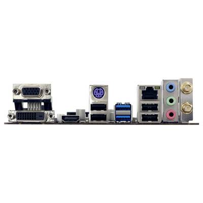 Mehrere Computeranschlüsse auf einer Hauptplatine, einschließlich VGA, DVI, HDMI, USB, PS/2, Ethernet und Audiobuchsen.
