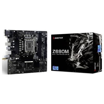 Mainboard 'BIOSTAR Z690M' neben der Verpackung, die das gleiche Modell zeigt, mit silbernen und schwarzen Designelementen.