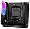 Hauptplatine (Motherboard) für Computer mit buntem, leuchtendem Element links oben. Modell: Phantom Gaming B650I Lightning WiFi.