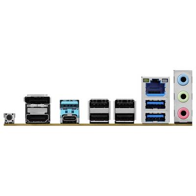 Verschiedene Computeranschlüsse in einer Reihe, darunter Ethernet-, USB- und Audiobuchsen, auf einer weißen Fläche angeordnet.